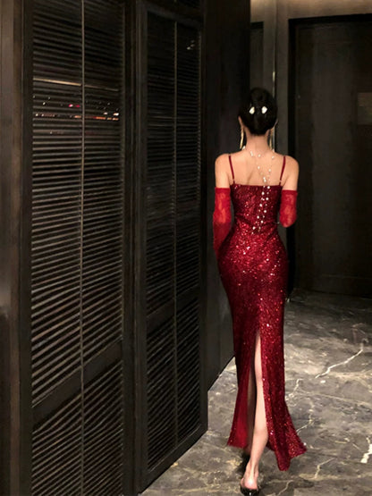 Burgundy Sequin Evening Dress With Slit Sparkle Formal Prom Dress  P437