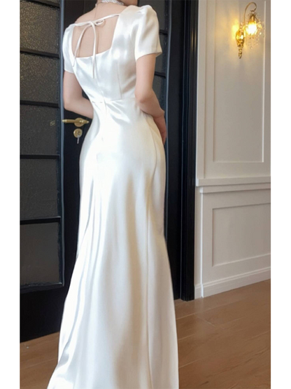Short Sleeves Elegant Wedding Dress Satin Evening Dress P44