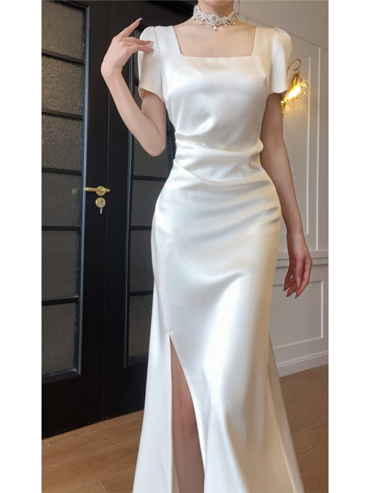 Short Sleeves Elegant Wedding Dress Satin Evening Dress P44
