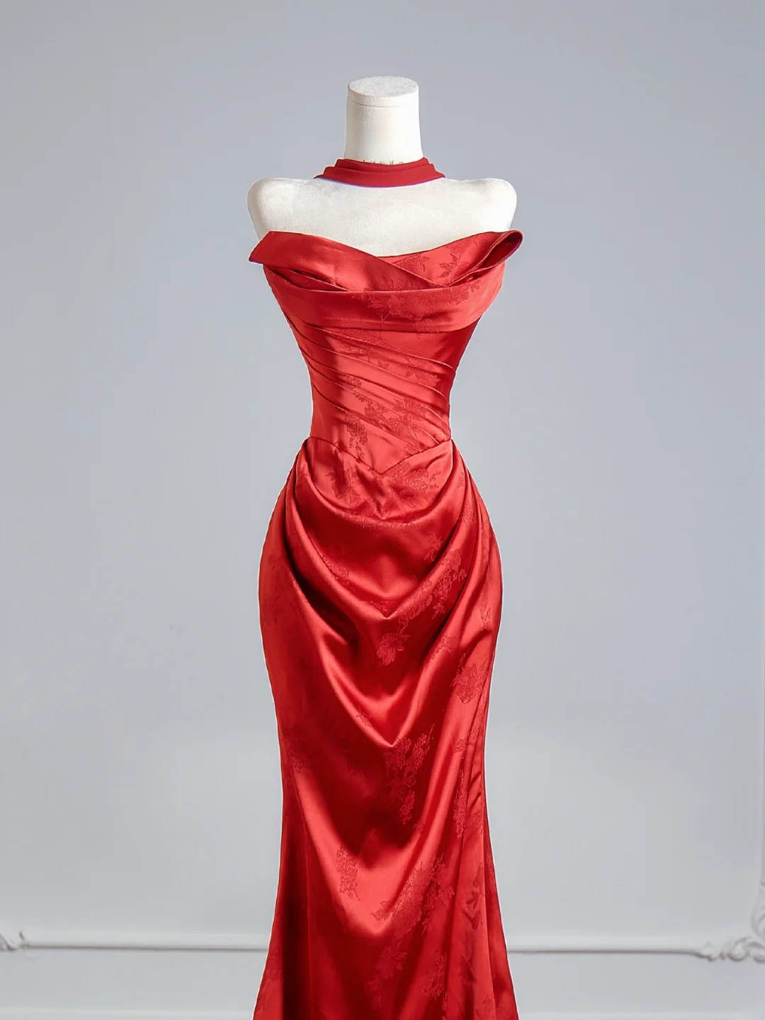 Burgundy Mermaid Prom Dress Printed Satin Evening Dress  P440