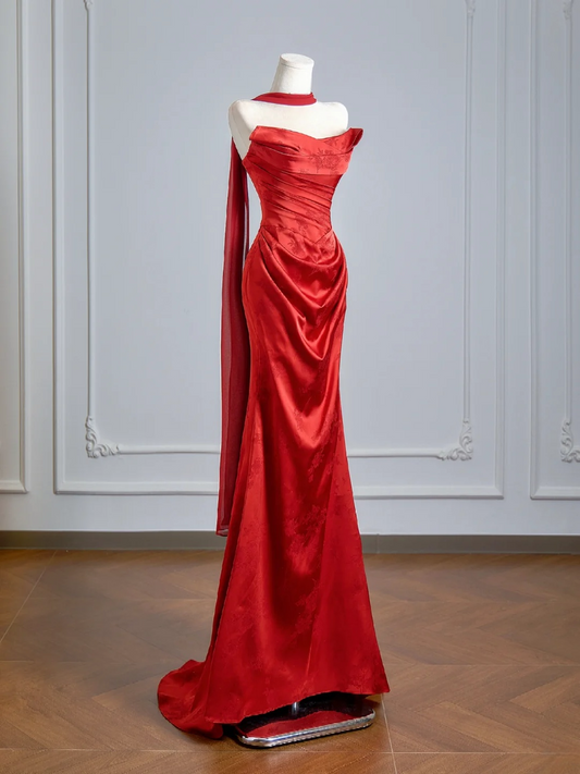 Burgundy Mermaid Prom Dress Printed Satin Evening Dress  P440