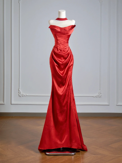 Burgundy Mermaid Prom Dress Printed Satin Evening Dress  P440