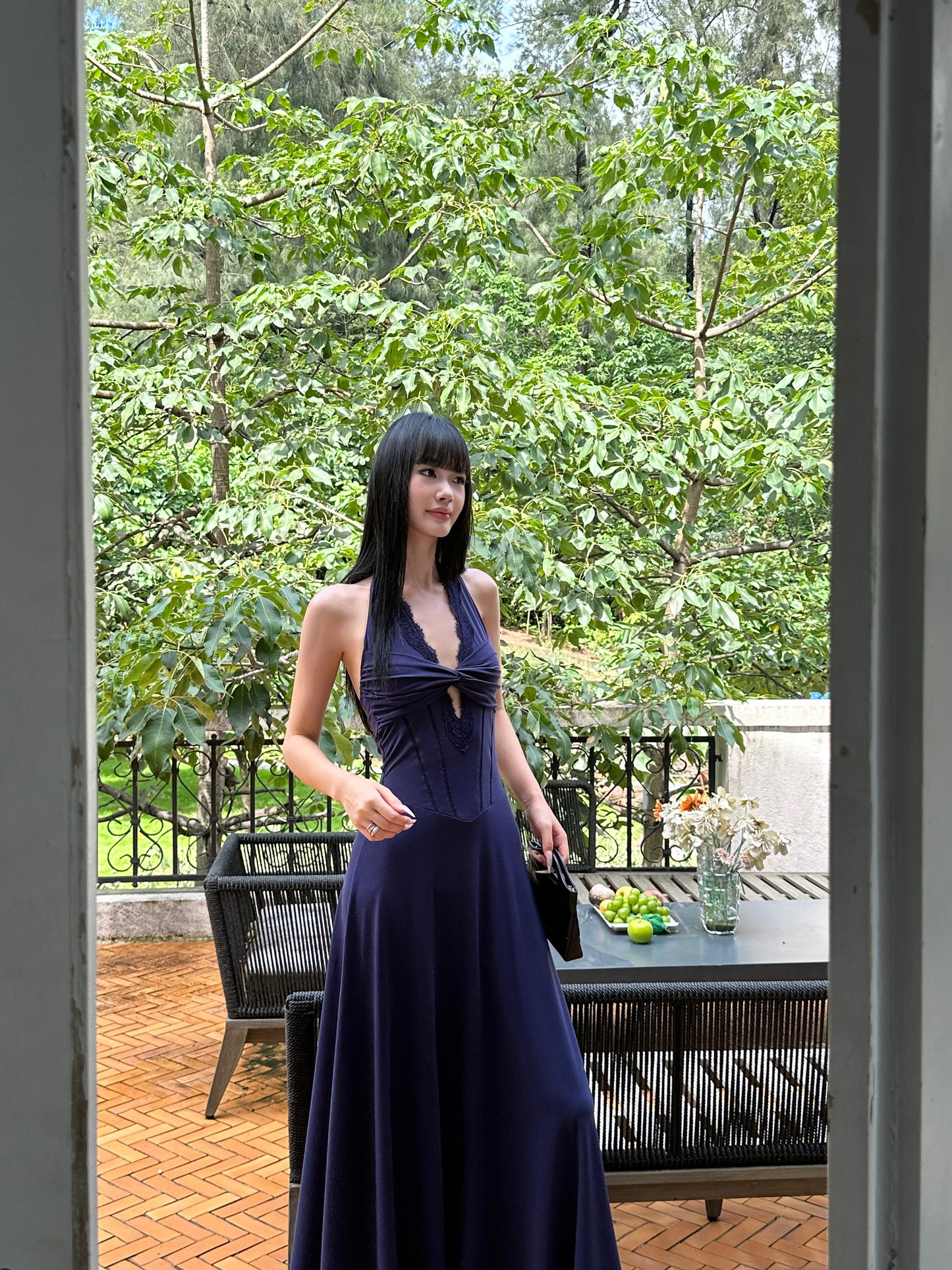 Halter Lace V Neck Black Prom Dress  A Line Evening Dress  P443