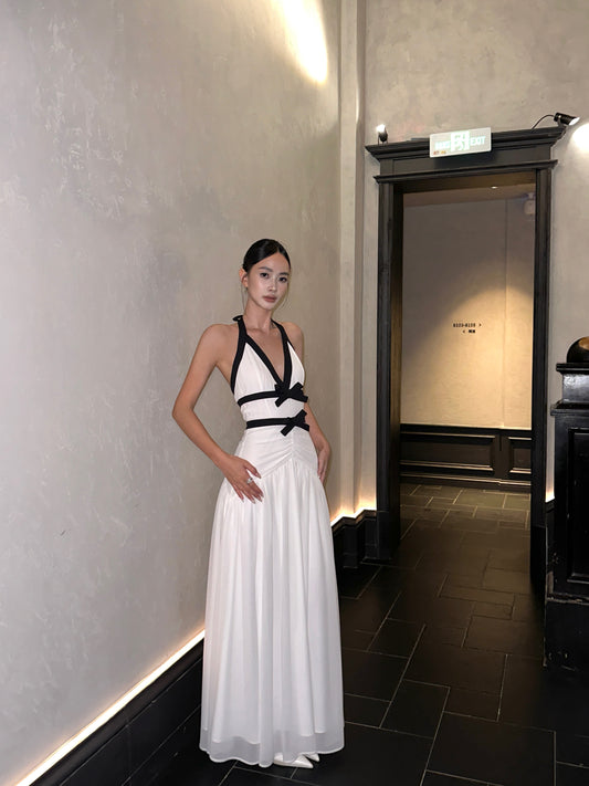 V Neck Halter Prom Dress Off White Chiffon Evening Dress  P444