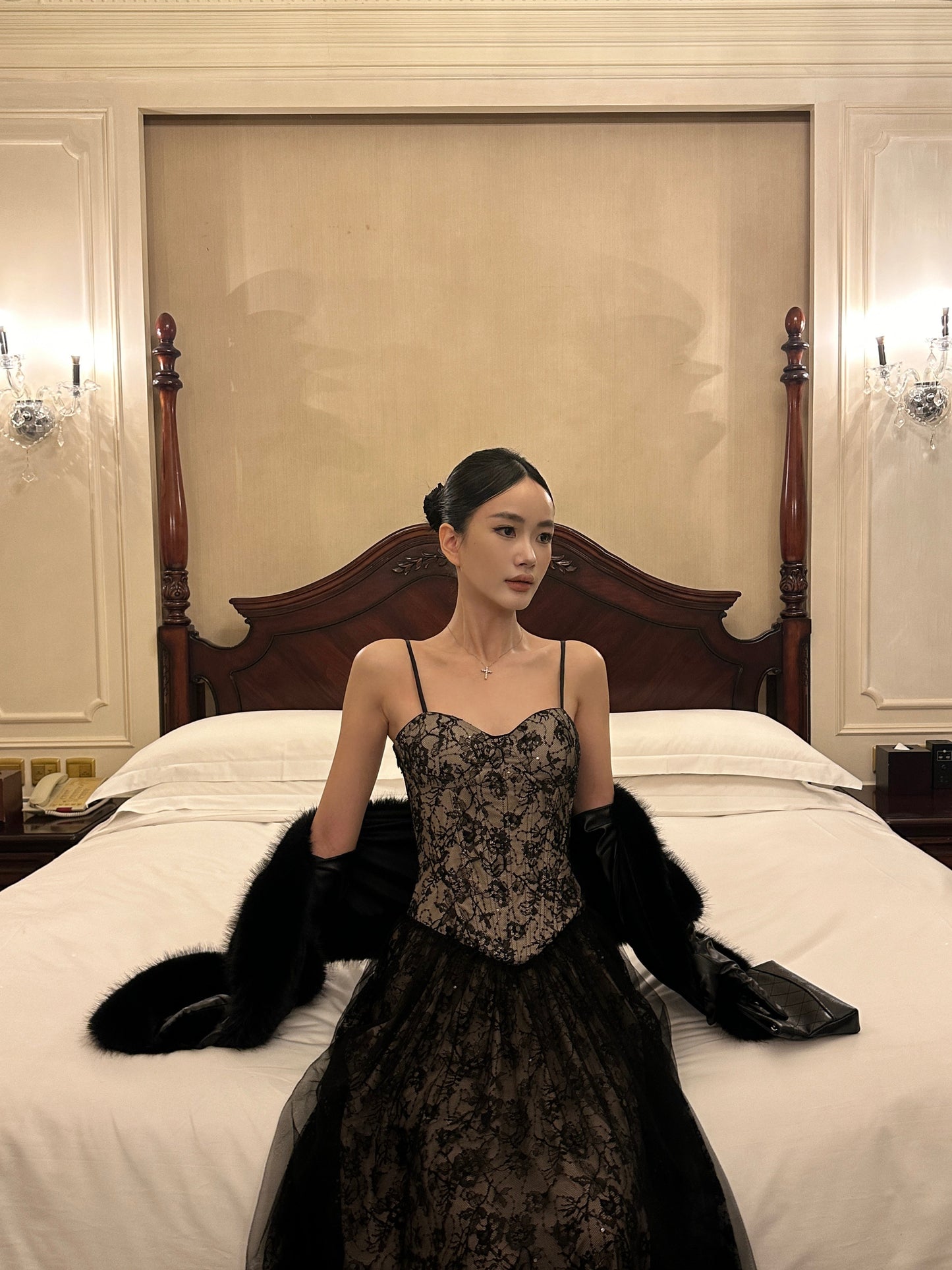 Spaghetti Straps Black Lace Prom Dress A Line Formal Dress  L43