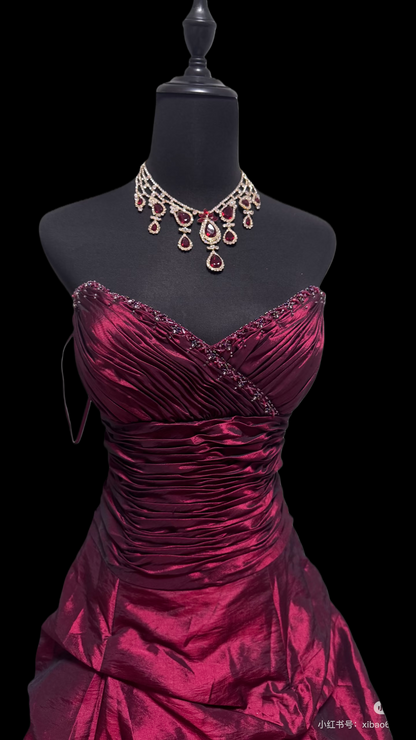 V Neck Dark Red Prom Dress Beading Formal Dress Evening Gown   P446