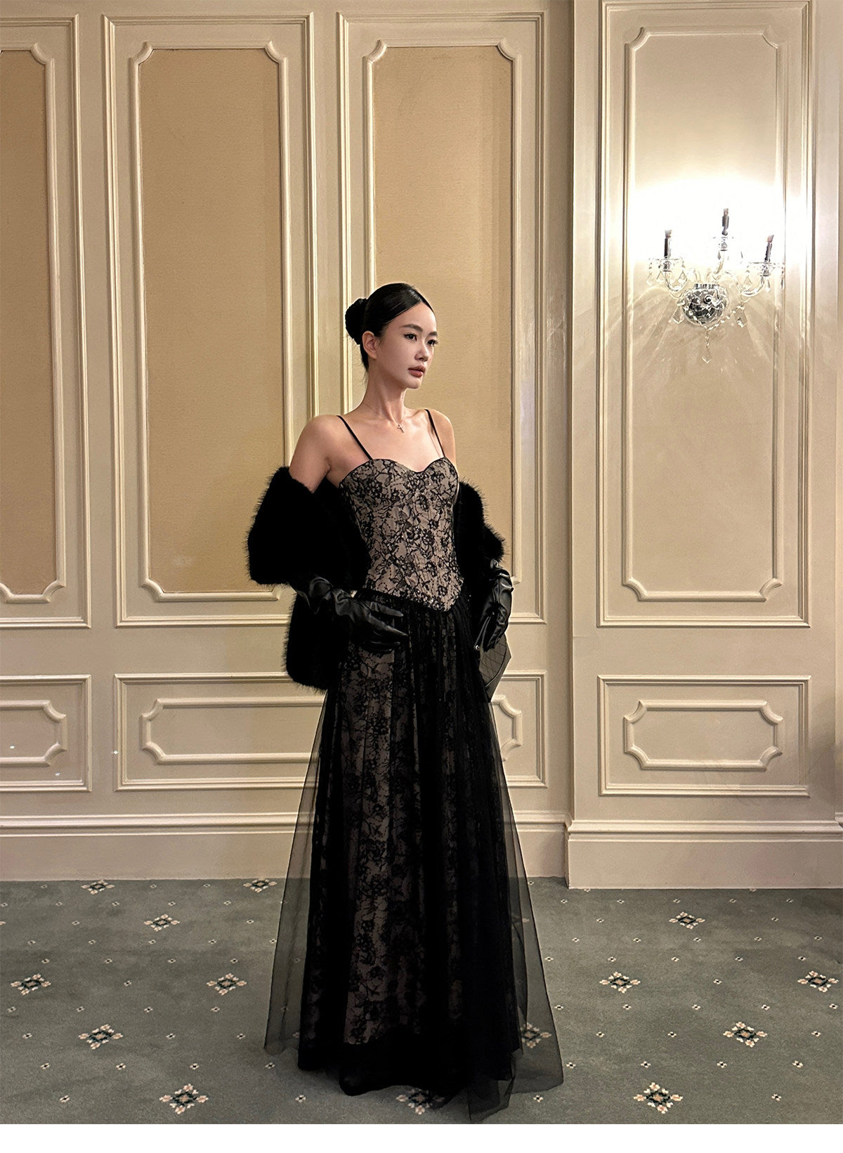 Spaghetti Straps Black Lace Prom Dress A Line Formal Dress  L43