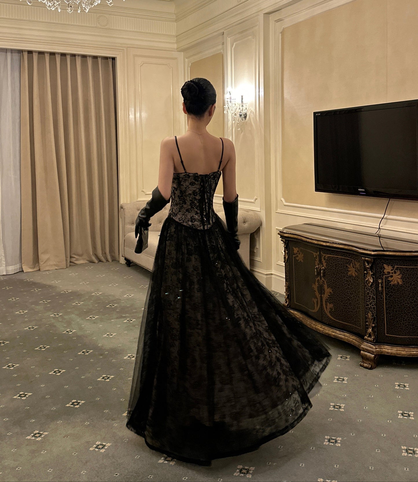 Spaghetti Straps Black Lace Prom Dress A Line Formal Dress  L43