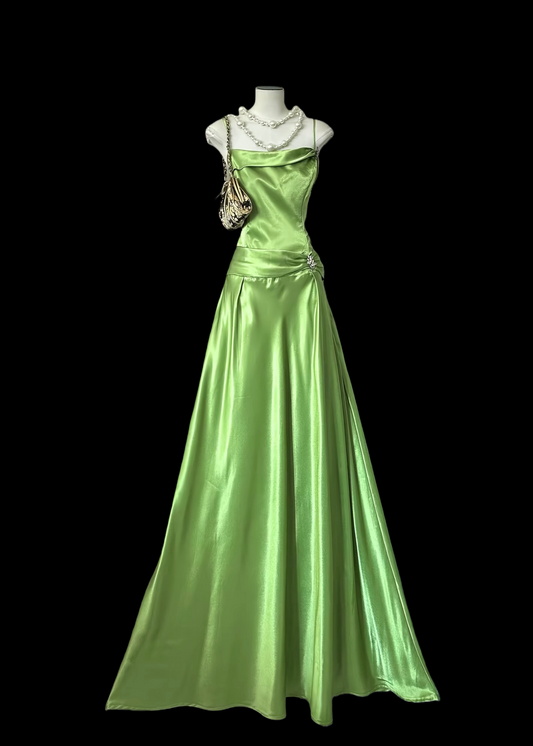 Spaghetti Strap Green Satin Prom Dress A Line Formal Dress  P448