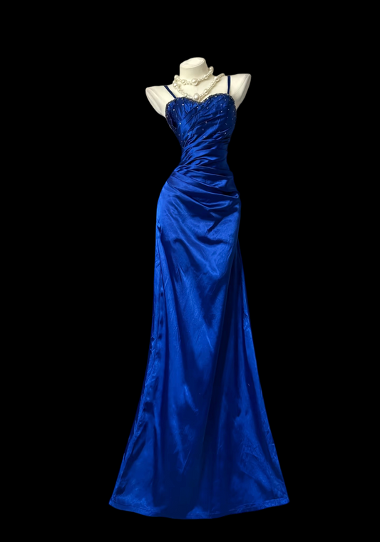 Spaghetti Strap Royal Blue Satin Prom Dress A Line Formal Dress  P449