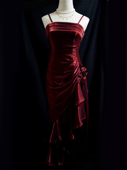 Spaghetti Strap Black Ruffle Prom Dress Formal Evening Dress  P451
