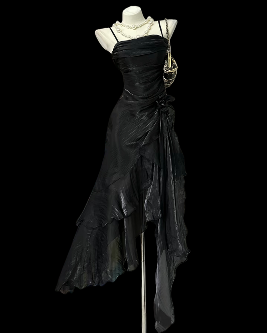 Spaghetti Strap Black Ruffle Prom Dress Formal Evening Dress  P451