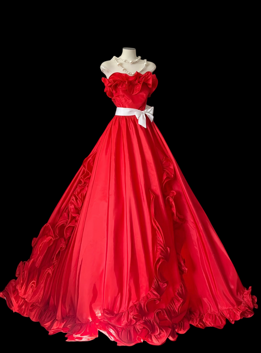 Strapless Red A Line Prom Dress Ruffled Formal Evening Dress  P452