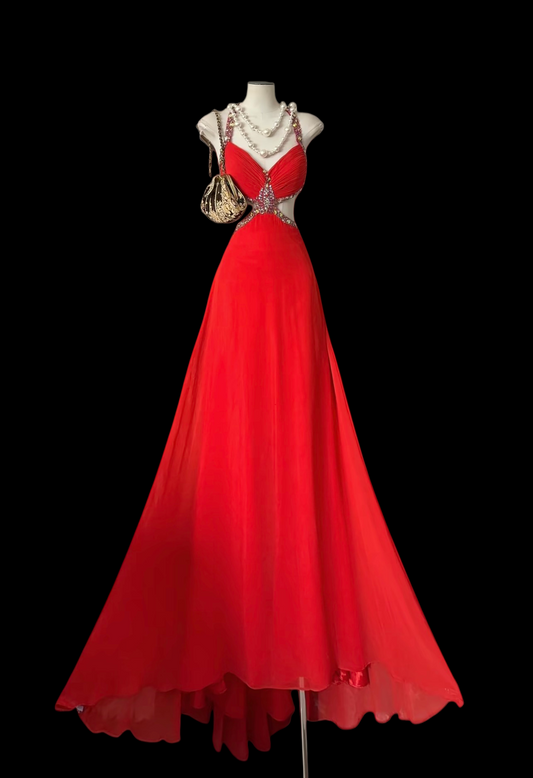 A Line Red Beading Prom Dress Chiffon Formal Evening Dress  P453