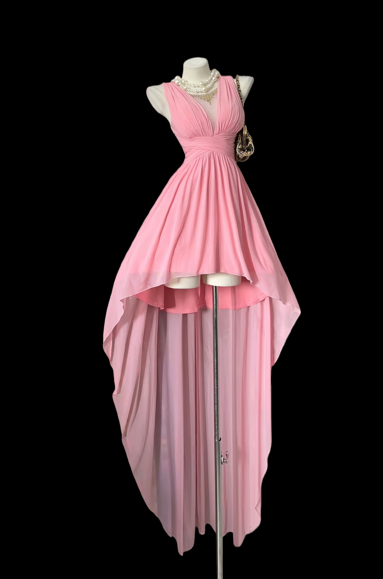 V Neck Pink Chiffon Prom Dress Formal Wedding Guest Dress  P458
