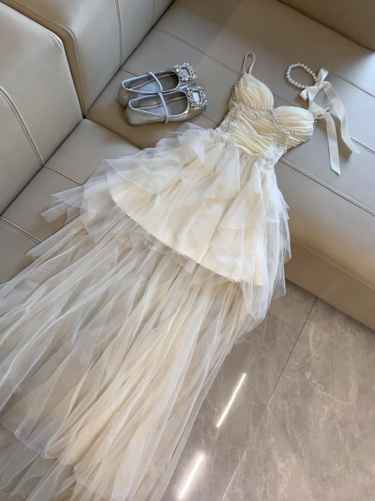 Beige A Line Tulle Prom Dress Ruffle Pearls Birthday Dress Formal Dress P46