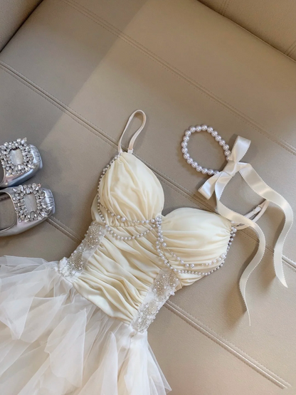 Beige A Line Tulle Prom Dress Ruffle Pearls Birthday Dress Formal Dress P46