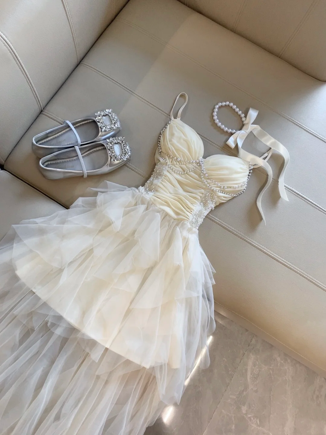 Beige A Line Tulle Prom Dress Ruffle Pearls Birthday Dress Formal Dress P46