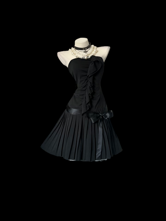 Strapless A Line Black Ruffle Birthday Dress Little Black Dress  P463