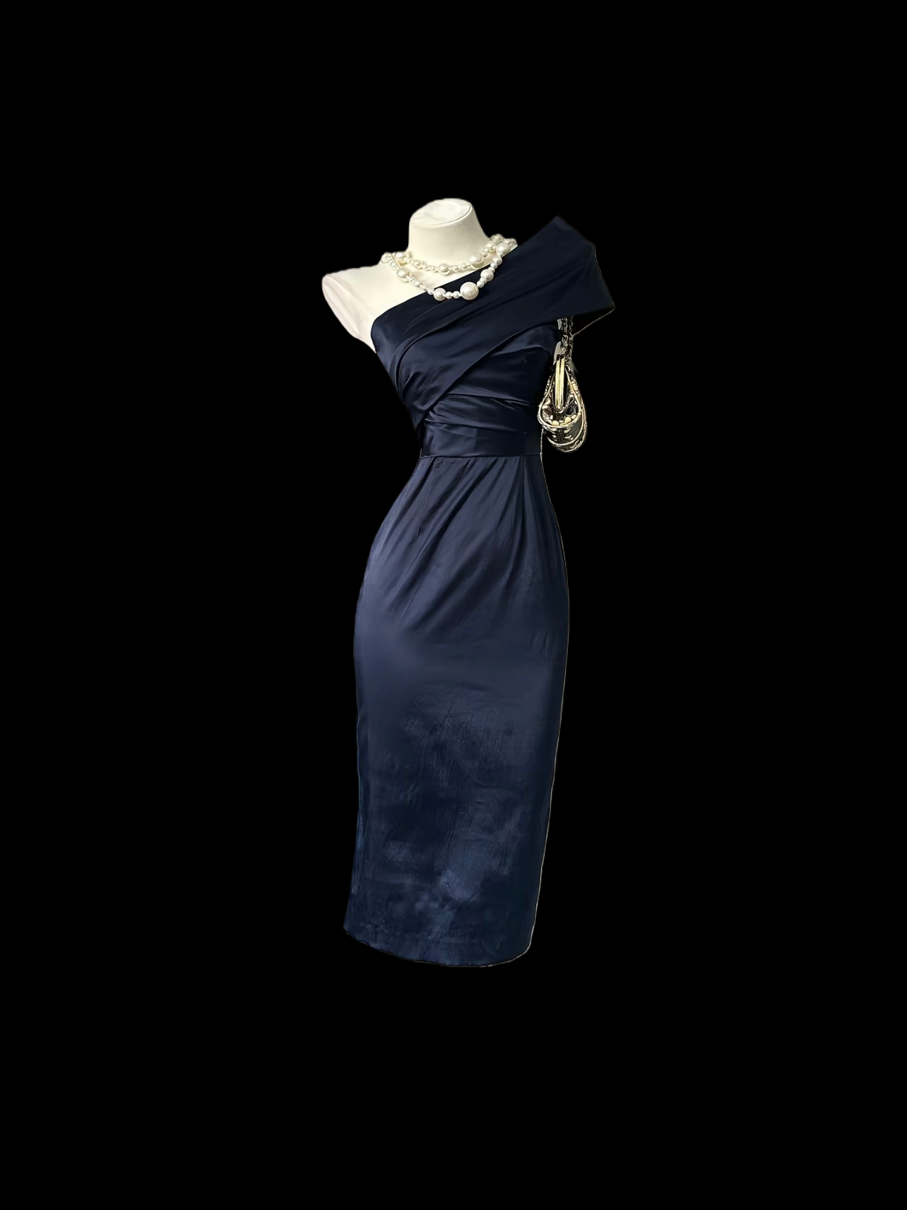 One Shoulder Navy Blue Satin Birthday Dress Sheath Party Dress  P464