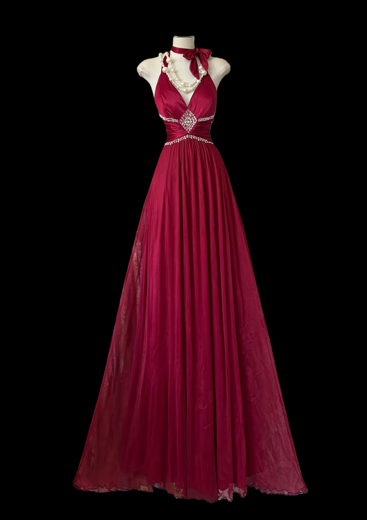 V Neck Halter Prom Dress Red A Line Beaded Evening Dress P466