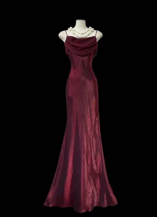 Spaghetti Strap Burgundy Prom Dress Retro Formal Evening Dress P469