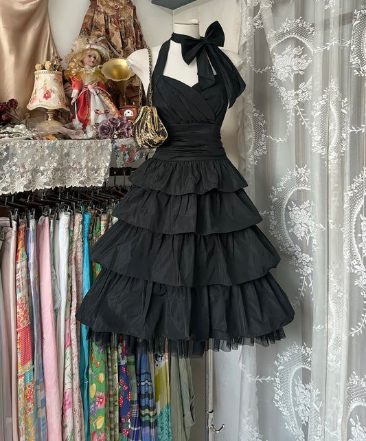 A Line Halter Black Short Dress Layered Formal Party Dress P471