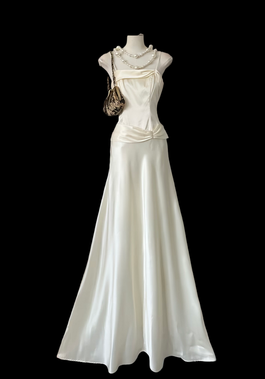 A Line Ivory Satin Formal Prom Dress Spaghetti Straps Evening Dress P473