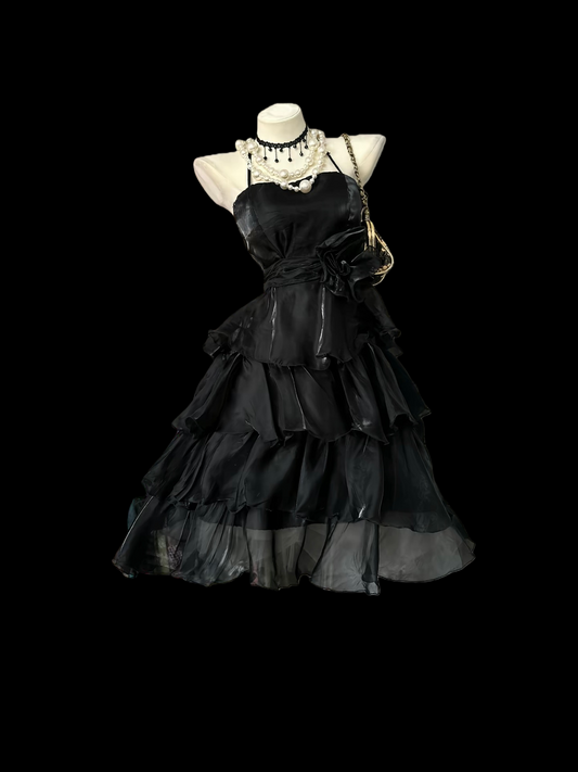 A Line Little Black Dress Layered Formal Party Dress Short Birthday Dress P474