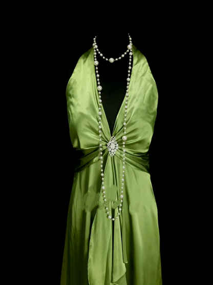 Halter Green Satin Prom Dress Ruffle Evening Dress Party Dress P48