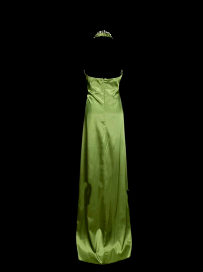 Halter Green Satin Prom Dress Ruffle Evening Dress Party Dress P48