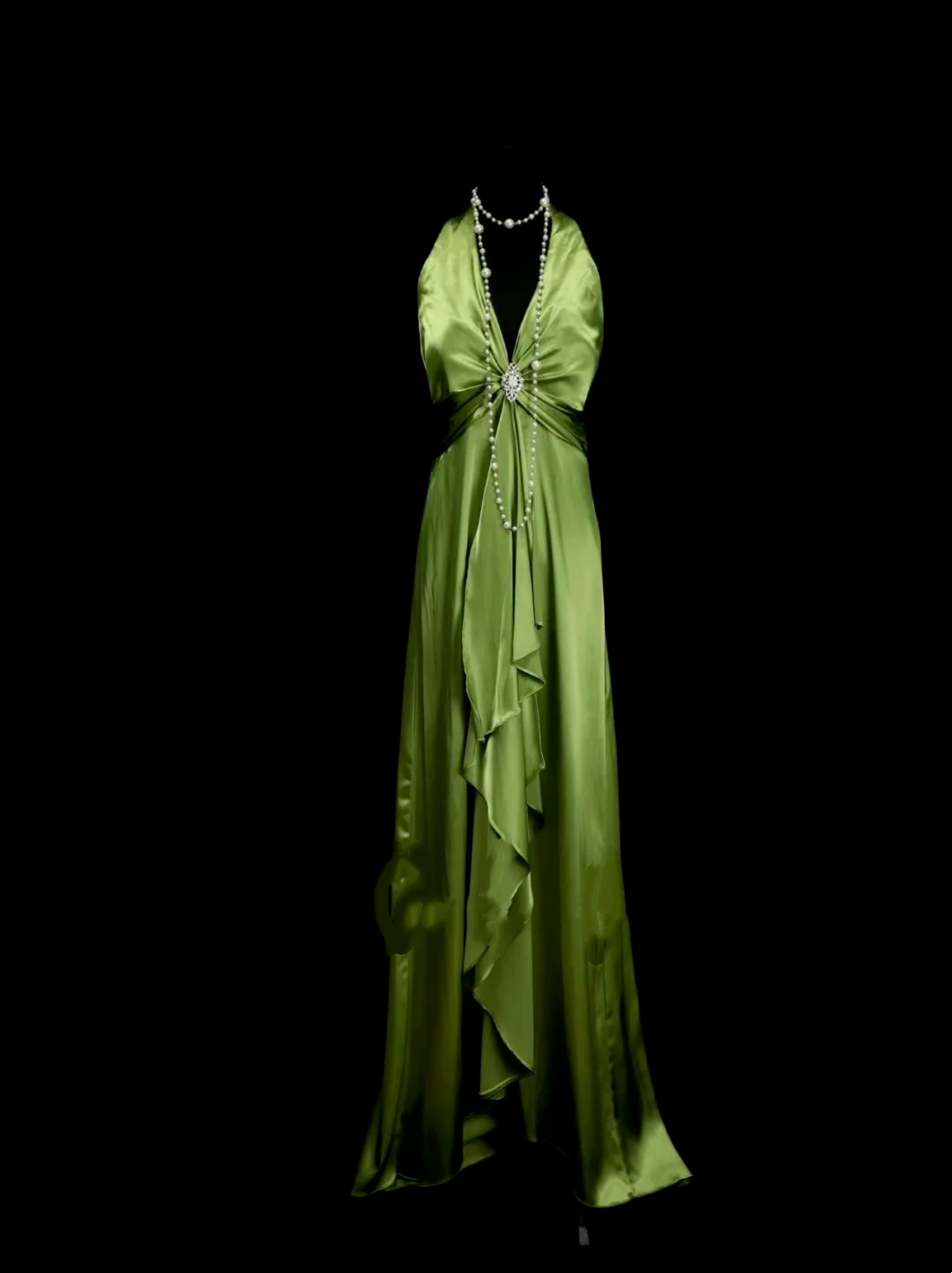 Halter Green Satin Prom Dress Ruffle Evening Dress Party Dress P48