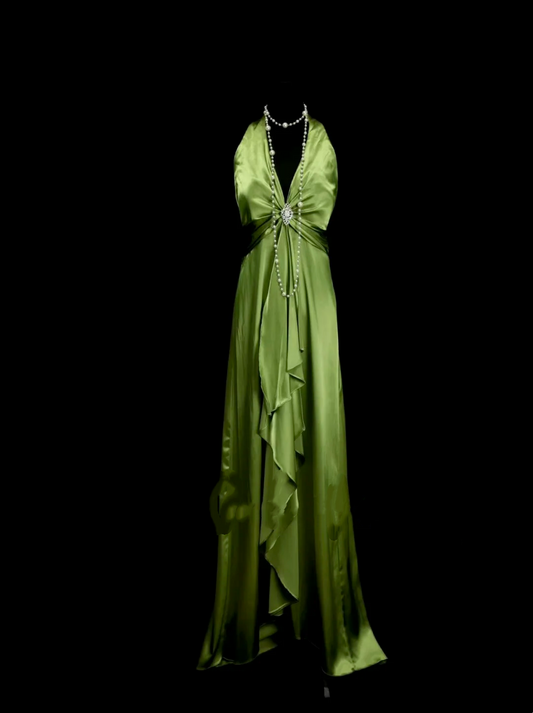 Halter Green Satin Prom Dress Ruffle Evening Dress Party Dress P48