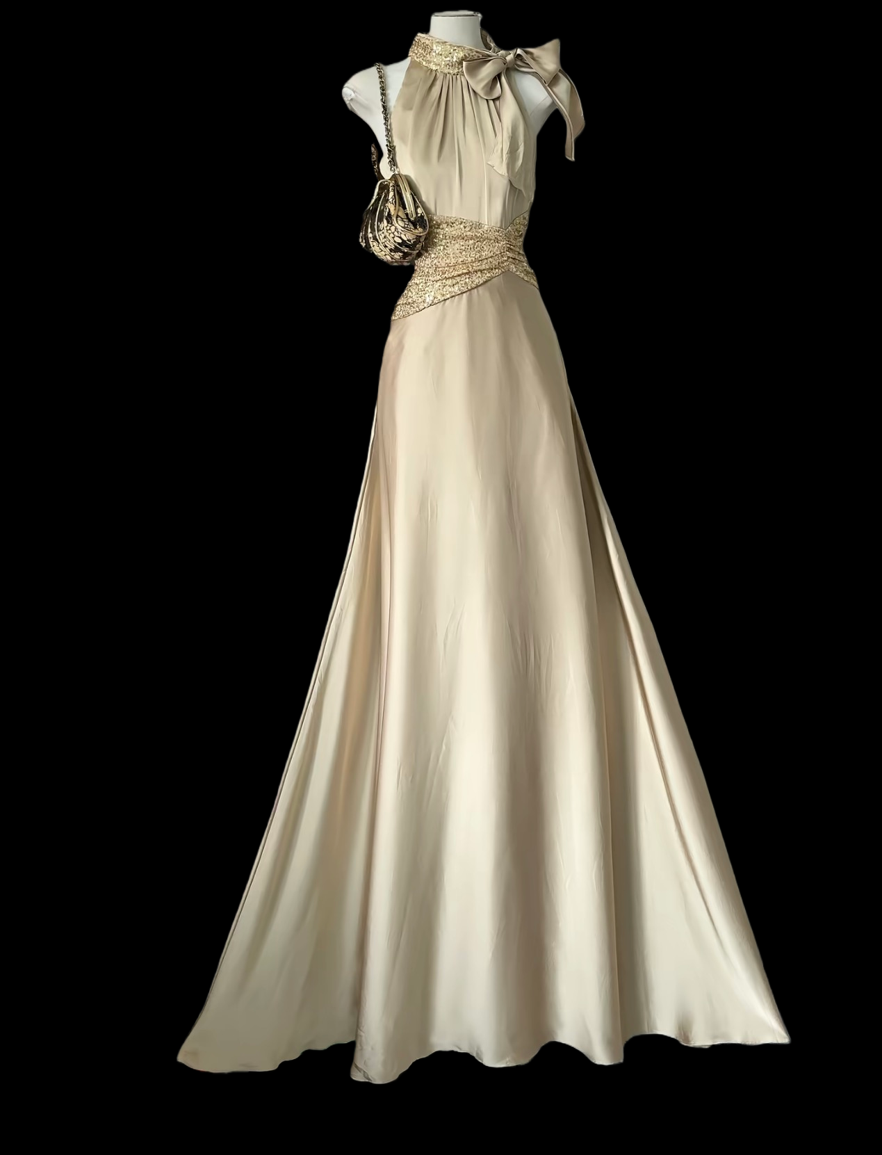 Halter Beige Satin Prom Dress Sequin Formal Evening Party Dress P481