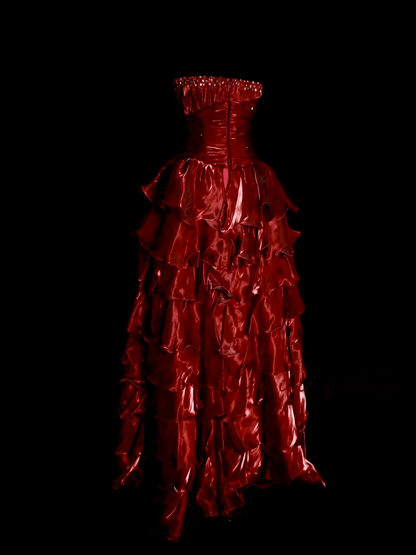 Strapless Burgundy Ruffle Prom Dress Layered Formal Party Dress  P483