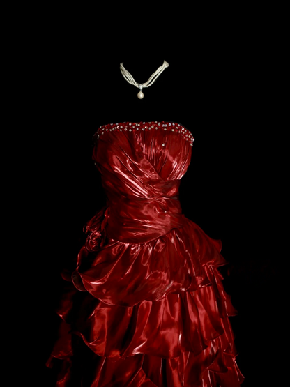Strapless Burgundy Ruffle Prom Dress Layered Formal Party Dress  P483