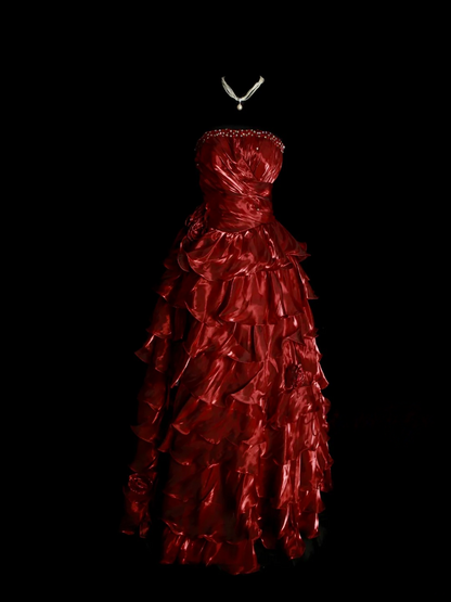 Strapless Burgundy Ruffle Prom Dress Layered Formal Party Dress  P483