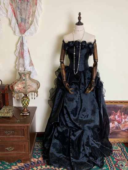 A Line Black Ruffle Formal Prom Dress Tulle Birthday Dress  P484