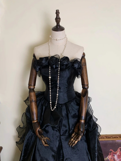 A Line Black Ruffle Formal Prom Dress Tulle Birthday Dress  P484