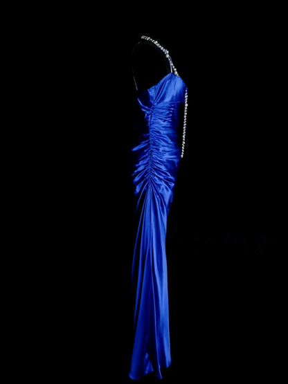 Beaded Straps Royal Blue Prom Dress Satin Sheath Evening Dress  P488