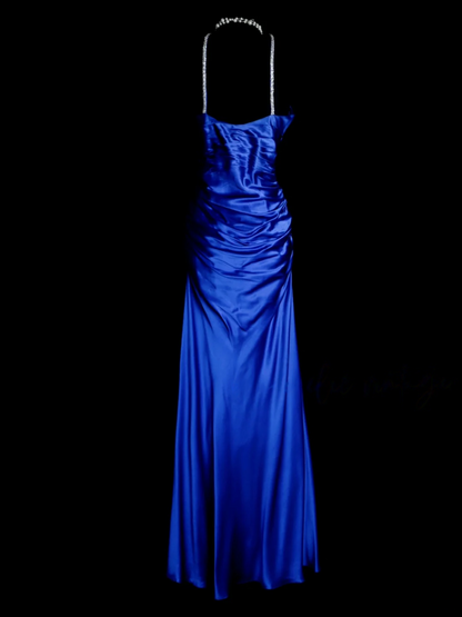 Beaded Straps Royal Blue Prom Dress Satin Sheath Evening Dress  P488