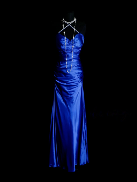 Beaded Straps Royal Blue Prom Dress Satin Sheath Evening Dress  P488