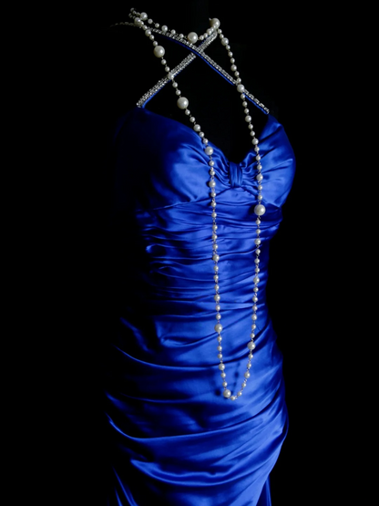 Beaded Straps Royal Blue Prom Dress Satin Sheath Evening Dress  P488