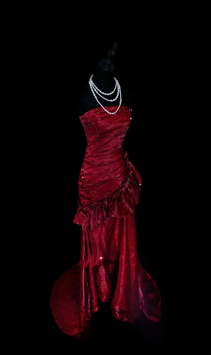 Strapless Burgundy Prom Dress Sheath Ruffle Evening Dress P49