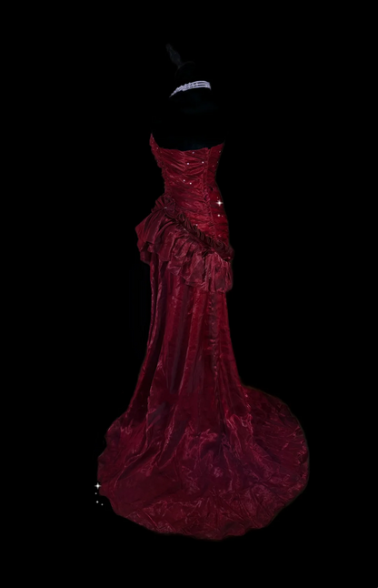 Strapless Burgundy Prom Dress Sheath Ruffle Evening Dress P49