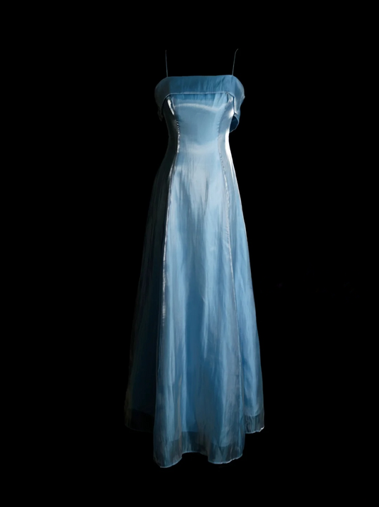 Spaghetti Straps Blue Prom Dress Retro A Line Bridesmaid Dress Wedding Guest Dress  P493