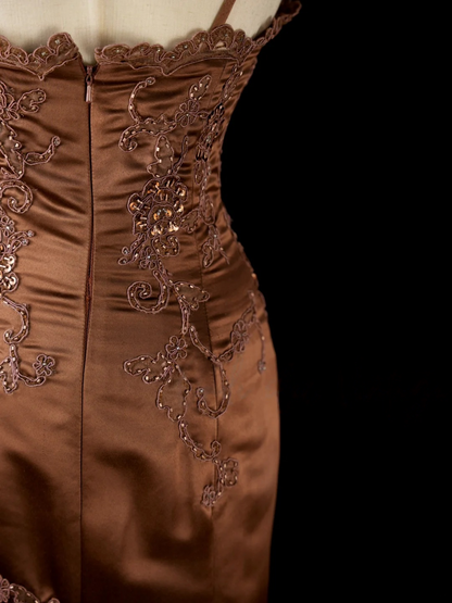 Spaghetti Straps Brown Prom Dress With Appliques Retro Mermaid Evening Dress P494