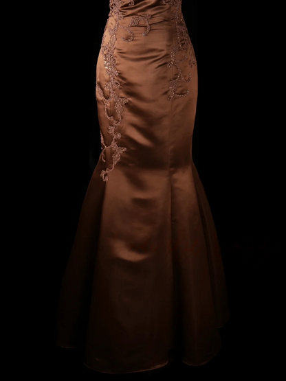 Spaghetti Straps Brown Prom Dress With Appliques Retro Mermaid Evening Dress P494