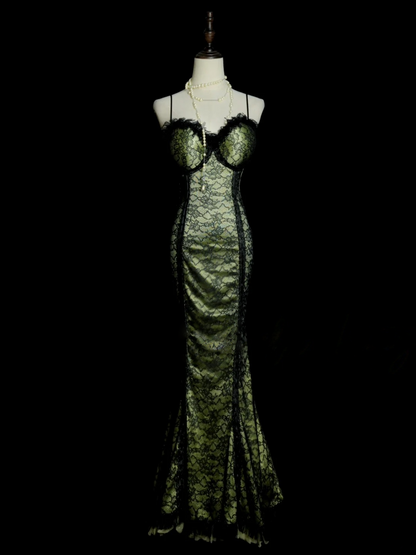 Spaghetti Straps Green Mermaid Prom Dress Sexy Black Lace Evening Dress P495