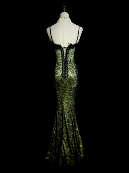 Spaghetti Straps Green Mermaid Prom Dress Sexy Black Lace Evening Dress P495